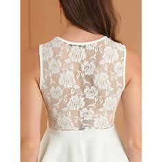 This piece features an illusion sweetheart neckline, and unexpected details like a peplum at the waist, and a partially sheer lace fabrication. Left partially sheer lace at the bodice and back, a contemporary take on a classic vintage lace summer top shows off an alluring sophisticated figure. Wear it to the office or to go out over a pair of pants or shorts and look effortlessly put together. Occasion: Shopping, Dating, Office, Weekend Gathering, Daily Wear, Casual, etc. Feminine Sleeveless Lace Bodice Top, Fitted Sleeveless Lace Top, Fitted Sleeveless Lace Blouse, Sleeveless Lace Top Feminine Style, Feminine Sleeveless Lace Patchwork Top, Sleeveless Lace Patchwork Top, Feminine Style, Fitted Sleeveless Lace Top With Lace Back, Sleeveless Lace Top For Party, White Lace Top With Sweetheart Neckline