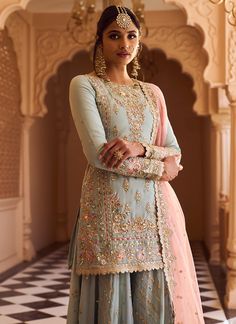 Designer Georgette Palazzo Set With Intricate Embroidery, Semi-stitched Sharara With Intricate Embroidery, Reception Salwar Kameez With Dori Work In Georgette, Georgette Salwar Kameez With Dori Work For Reception, Embroidered Sharara, Georgette Tops, Net Dupatta, Indian Fashion Dresses, Wedding Outfits