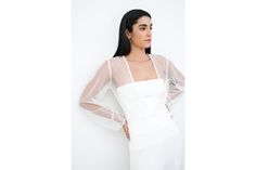 in stock Modern White Party Tops, Modern White Party Top, White Formal Top With Sheer Sleeves, White Sheer Sleeves Top For Formal Occasions, Formal White Tops With Sheer Sleeves, White Sheer Sleeve Tops For Wedding, White Sheer Sleeves Top For Wedding, White Formal Tops With Sheer Sleeves, White Fitted Top For Evening