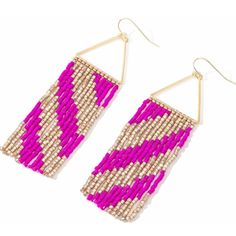 Long 3" Triangle Colorful Beaded Fringe Earrings Dark Pink And Gold Dangle Geometric Statement Pink & Gold More Colors Available, See Last Pic(S) For A Preview. All Listed Separately In My Closet /Shop Approx 3" New Most Of My Other Earrings Are Dangle Types Like These That Can Be Upgraded To Solid Sterling Silver Or 14k Gold Filled Wires So If You Have Sensitive Ears Like Me, Check My Other Listings. I Have A Jewelry Design Background In Nyc. I Buy My Ear Wires From A Legitimate Metal Source Je I'm Jealous, Anthropologie Earrings, 3 Earrings, Bead Dangle Earrings, Beaded Fringe Earrings, Native American Beaded Earrings, Western Earrings, Beaded Tassel Earrings, Heart Shaped Earrings