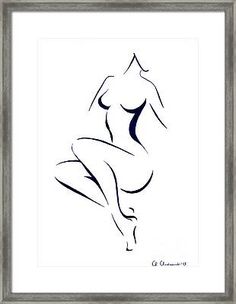 a black and white drawing of a woman's body framed in a silver frame