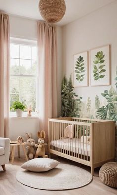 a baby's room with a crib, rocking chair and potted plant