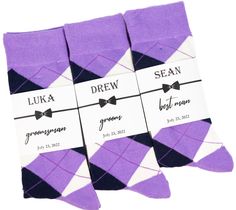 These groomsmen socks are perfect gift for your wedding party. Purple, navy and Ivory argyle socks ensure the wedding party looks and feels their best while the colors match your wedding theme. With our personalized socks labels discover the fun way to propose your best man and groomsmen in style or simply make an elegant presentation as groomsmen gift. These socks and custom labels make an excellent gift for best man, groomsmen, bridesman, usher, officiant, flower dude, ring security, ring bear Groomsmen Purple, Junior Groomsmen, Groomsmen Socks, Purple Socks, Ways To Propose, Floral Necktie, Argyle Socks, Personalized Socks, Groomsmen Proposal