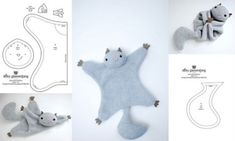 three different pictures of stuffed animals made out of felt