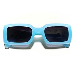 These 1970s vintage style new Thick Candy sunglasses feature an oversized square lens, provide UV 400 protection. Dimensions: Length: 6 inches Lens diameter: 2.5/2.5 inches Retro Blue Sunglasses For Party, Retro Blue Plastic Sunglasses, Blue Retro Plastic Sunglasses, Vintage Blue Sunglasses For Summer, Blue Vintage Sunglasses For Summer, Retro Blue Sunglasses With Gradient Lenses, Vintage Blue Sunglasses With Uva Protection, Blue Rectangular Sunglasses For Summer, Trendy Light Blue Tinted Sunglasses