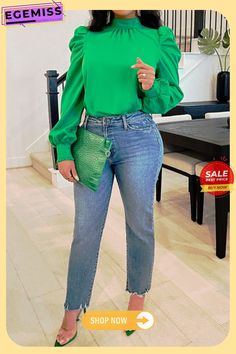 Fashion High Neck Puff Sleeve Blouse Casual Puff Sleeve Blouse In Solid Color, Casual Puff Sleeve Solid Color Blouse, Casual Green Lantern Sleeve Blouse, Green Non-stretch Trendy Blouse, Casual Puff Sleeve Top In Solid Color For Spring, Casual Solid Color Puff Sleeve Top For Spring, Green Puff Sleeve Top For Fall, Green Long Sleeve Puff Sleeve Top For Fall, Green Long Sleeve Puff Top For Spring