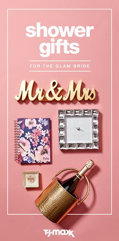 the shower gifts for the glam bride are on display in front of a pink background