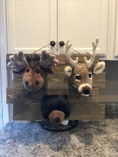 three stuffed animals mounted to the side of a wooden board