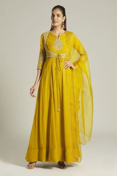 Chrome yellow anarkali with floral pattern yoke, overlap jacket panel, contrast zardozi and aari embroidered yoke. Paired with scalloped embroidered bordered dupatta. - Aza Fashions Yellow Anarkali, Anarkali With Dupatta, Aari Work, Three Quarter Sleeves, Quarter Sleeve, Anarkali, Aza Fashion, Three Quarter, Floral Pattern