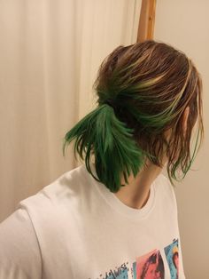 Mens Long Hair Dye Ideas, Men Green Hair Color, Long Green Hair Men, Half Green Half Brown Hair, Auburn And Green Hair, Green Hair Brown Roots, Subtle Orange Hair, Ginger Hair With Green Highlights, Mens Green Hair