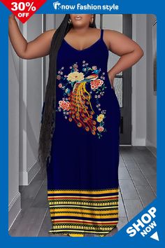 knowfashionstyle Dark Blue Sexy Print Backless Spaghetti Strap Long Dress Plus Size Dresses Blue Non-stretch Spaghetti Strap Dress, Spaghetti Strap Long Dress, Long Dress Plus Size, Dress Plus Size, Wholesale Fashion, Plus Size Dresses, Dresses Online, Print Dress, Spaghetti Strap