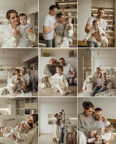 a collage of photos shows a family in their living room, including a woman holding a baby