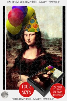 a puzzle with the image of a woman wearing a party hat