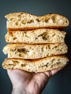 three pieces of bread that have been cut in half and stacked on top of each other