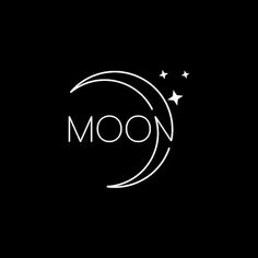 the word moon is written in white on a black background with stars and crescents