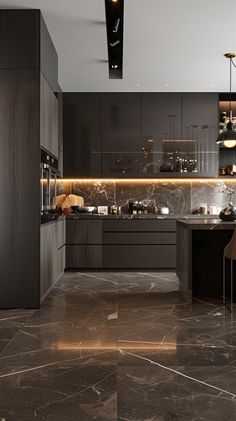 a modern kitchen with marble floors and dark cabinets