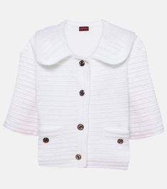 Cotton crochet cardigan in white - Gucci | Mytheresa Casual Gucci Sweater For Work, Casual Fitted Gucci Sweater, Casual Gucci Cardigan For Work, Gucci Cotton Outerwear For Spring, Gucci Cotton Spring Outerwear, Fitted White Gucci Outerwear, Gucci Cotton Outerwear With Pockets, Classic Gucci Cream Outerwear, Classic Cream Gucci Outerwear