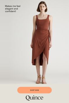 Upgrade your wardrobe with the Tencel Jersey Side Tie Dress, a luxurious and versatile piece that will make you feel confident and elegant for any occasion. Made from premium Tencel fabric, this dress offers a silky smooth texture that drapes beautifully over your curves. Simply pair it with your favorite sandals or heels and accessories for a complete look that's both comfortable and chic.  | Quince | Women's Tencel Jersey Side Tie Midi Dress in Brown, Size XS Boyfriend Cardigan, Tencel Fabric, Maxi Tank Dress, Fine Yarn, Tie Dress, Spandex Fabric, Fitted Bodice, Midi Length, Midi Dress