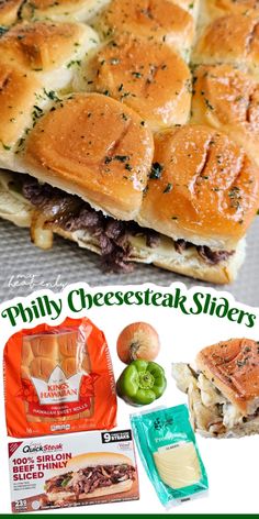 an advertisement for philly cheese steak sliders