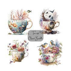 four tea cups with flowers and birds painted on the inside one is filled with watercolors