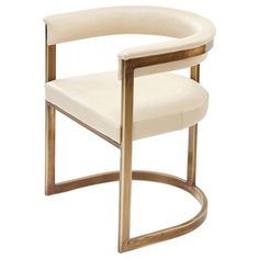 a white leather chair with gold metal frame and armrests on an isolated white background