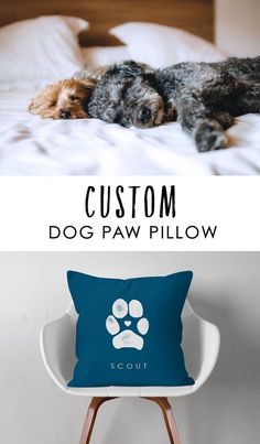 a dog laying on top of a bed next to a pillow with the words, custom dog paw pillow