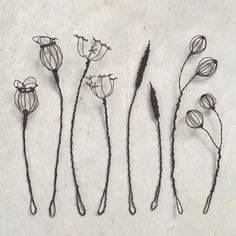 five wire flowers are arranged on a white surface