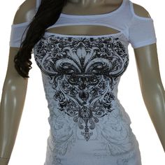 Nwot White Peek A Boo Short Sleeve T Shirt Top Open Cold Shoulder/Open Chest Ornate Fleur De Lis With Silver Studs & Rhinestones Grey Tattoo Background/Longer Style Fits At Hips Regular & Plus Sizes Small Underarm 13 Inches Medium Underarm 14 Inches Large Underarm 15 Inches X Large Underarm 17 Inches 2x Underarm 18 Inches 3x Underarm 19 Inches 95% Cotton/5% Spandex Made In Usa Trashy Y2k Clothes, White Short Sleeve Emo Tops, Fitted Short Sleeve Emo Tops, Short Sleeve Grunge Top With Skull Print, Emo Short Sleeve Top With Skull Print, Grunge Plus Size, Black Y2k Skull Top, Low Cut Shirt, Sinful Clothing