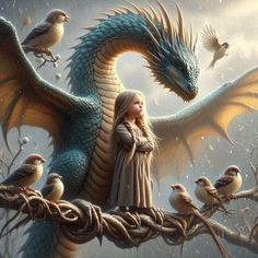 a woman standing on top of a tree branch next to a dragon and other birds