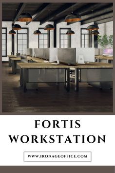 an office with two desks and three computers on it, the words fortis workstation above them