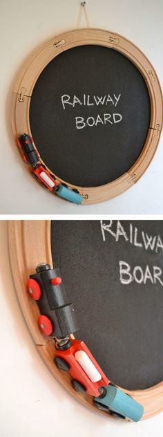 two pictures of a blackboard with writing on it and toy trains attached to the board