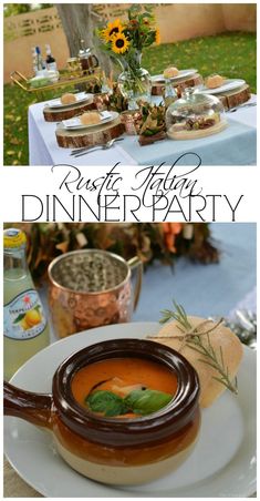 an image of a table set up for a dinner party with food and drinks on it