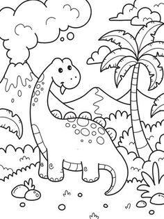 a dinosaur in the jungle with palm trees and clouds