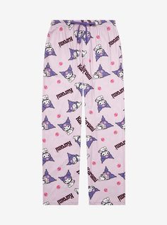 Cozy up with your favorite Sanrio rabbit in these sleep pants! Featuring an allover print of Kuromi in different poses among skulls and lettering of her name  these pants include an elastic drawstring waist  side pockets and a button fly  perfect for naps  movie nights  and beyond.A BoxLunch Exclusive!92% polyester; 8% spandexListed in unisex sizesWash cold with like colors; dry lowMay shrink in washImported Different Poses, Mens Sleepwear, Sleep Pants, Sanrio Kuromi, Pj Pants, Mens Pajamas, Mens Pants Casual, Sleepwear Women, Pajamas Women