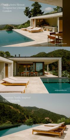 three different views of a modern house with swimming pool and outdoor lounge chairs in the foreground