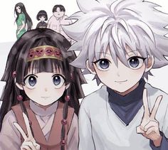 two anime characters are giving the peace sign with their fingers in front of each other