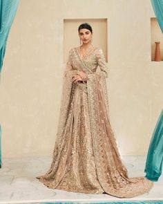 Open Pakistani Bridal Gown With Lehenga And Dupatta Gold Lehenga, Uk House, Pakistani Bridal Dress, Indian Bridal Dress, Eid Dresses, Indian Bridal Wear, Pakistani Bridal Dresses, Asian Bridal, Bridal Lehenga Choli