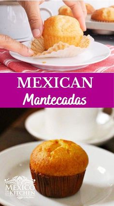 mexican muffins on white plates with pink text overlay that reads, how to make mexican mantecadas