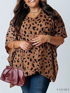 Lasaky - Womens Plus Size Leopard Print Bat Sleeve V Neck Oversized Blouse - An Ideal Choice for Casual Wear Bat Sleeve, Top Plus Size, Oversized Blouse, Clothing Plus Size, Leopard Print Blouse, Plus Size Top, Brown Fashion, Casual Blouse, Batwing Sleeve