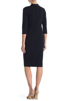 A sheath dress features a cutout mock neck with a twist for ultimate sophistication. Fit: this style fits true to size. Keyhole mock neck. 3/4 length sleeves. Back zip closure. Crepe fabrication. Unlined. Approx. 40" length (size 2). Imported Elegant Career Dresses With 3/4 Sleeves, Fitted Career Dress With 3/4 Sleeves, Formal Stretch Midi Dress With 3/4 Sleeve, Bodycon Midi Dress With 3/4 Sleeve, Fitted Midi Dress With Ruched 3/4 Sleeve, Fitted Ruched Midi Dress With 3/4 Sleeve, Nordstrom Dresses, Sheath Dress, Sleeve Dress