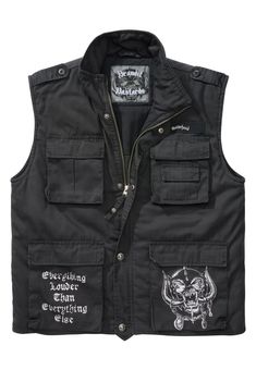 Motorhead Vest Jacket Man Motorcyclist Ranger Black The description of this item has been automatically translated. If you have any questions, please feel free to contact us. INFORMATION Product information "Motorhead Ranger Vest" PLEASE NOTE: Our licensed products are not discounted! large back print 2 large lettering patches on the back 2 prints on the front warpig metal buttons removable Motörhead pin on chest zipper with Motörhead lettering comfortable and straight cut 4 large patch pockets Lemmy Kilmister, Zipper Vest, Padded Vest, Pull Sweat, Outerwear Vest, Urban Outfits, Sleeveless Vest, Sweater Pants, Men's Coats And Jackets