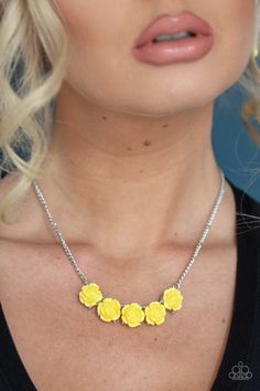 Attached to a shimmery silver chain, a dainty collection of yellow resin roses collect beneath the collar for a whimsical look. Features an adjustable clasp closure. Sold as one individual necklace. Includes one pair of matching earrings. Yellow Rose Flower, Yellow Resin, Yellow Necklace, Bling Necklace, Jewelry Catalog, Casual Jewelry, Paparazzi Accessories, Floral Necklace, Paparazzi Jewelry