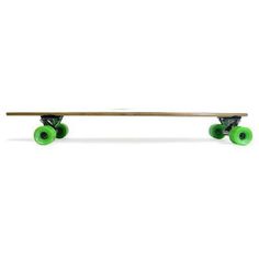 a skateboard with green wheels is shown against a white background and there is no image on it