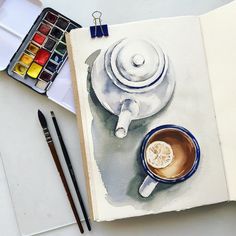 a watercolor painting of a cup of coffee and a teapot