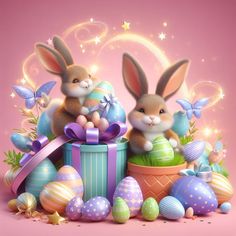 two rabbits sitting on top of an easter basket filled with colorful eggs and decorated eggs