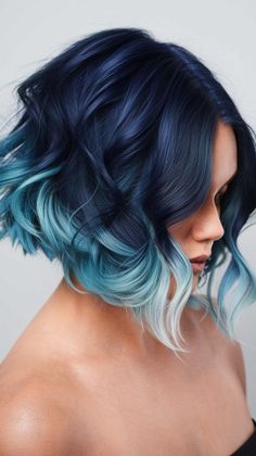 Dive into this stunning ocean-inspired hairstyle featuring a deep navy blue transitioning to a soft turquoiseThe playful waves add dimension and flairmaking this look perfect for anyone wanting to express their love for vibrant colors while keeping it chic and stylish shorthair hairstyle haircut bob hairinspo Dark Blue To Teal Ombre Hair, Short Vivid Hair, Vibrant Blue Hair, Teal Ombre Hair, Haircut Bob, Turquoise Ombre, Blue Ombre Hair, Soft Turquoise, Teal Ombre