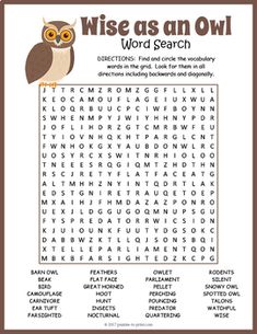 an owl word search with the words wise as an owl