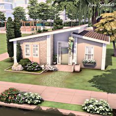 a rendering of a small house in the middle of a park with trees and flowers