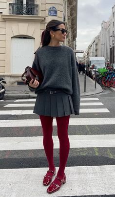 @marvaldel Red Stockings Outfit, Burgundy Tights Outfit, Red Tights Outfit, Burgundy Tights, Tights Outfits, Ballerina Outfit, Red Tights, Paris Mode