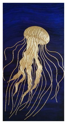 a painting of a gold jellyfish on a blue background